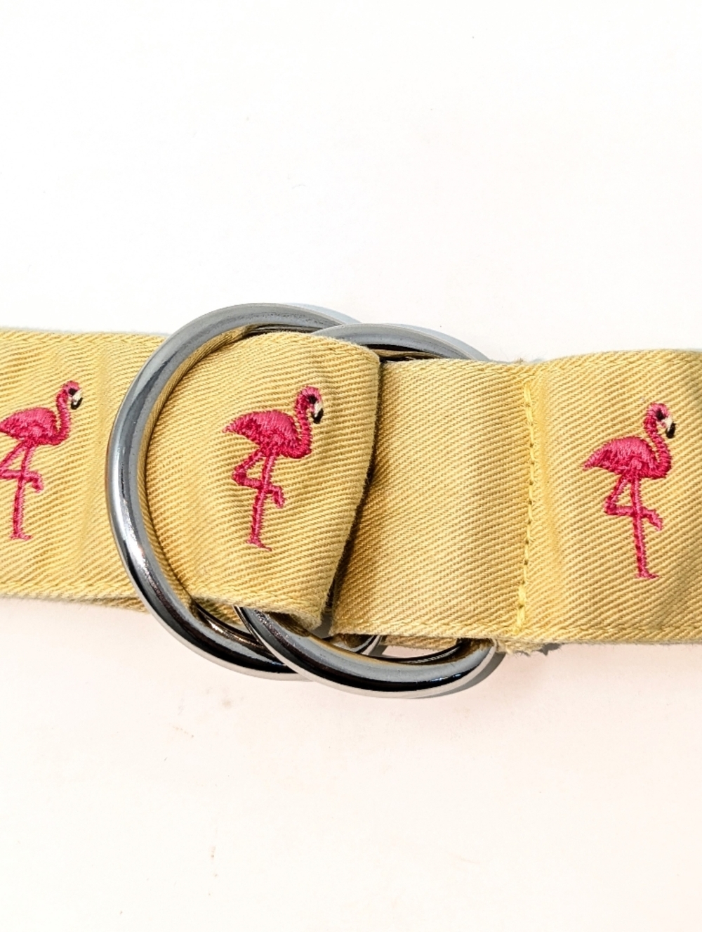 J. Crew Yellow Canvas Denim Belt with Pink Embroidered Flamingos M/L